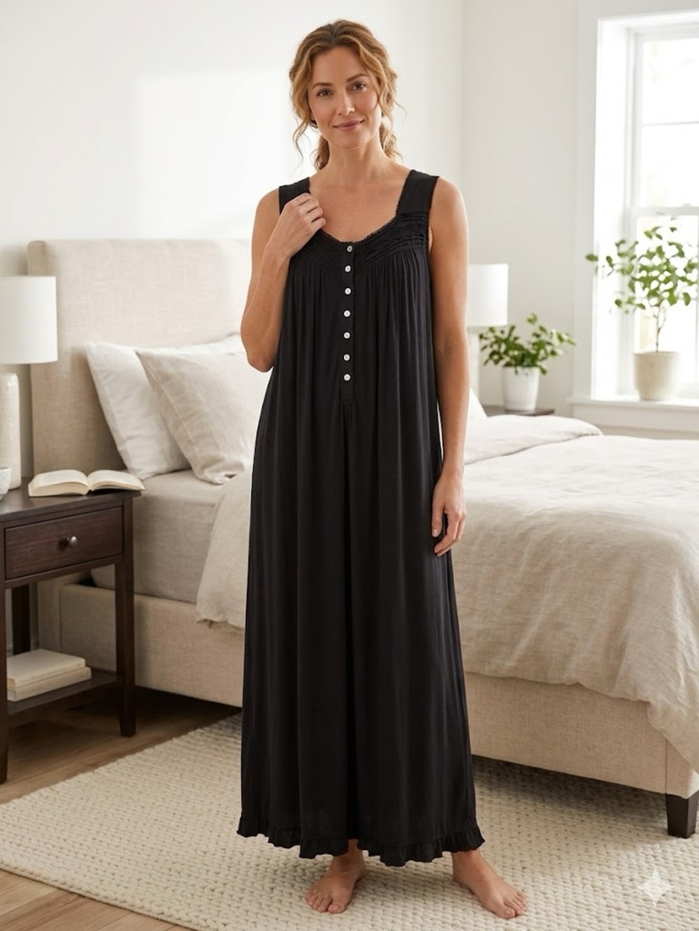 Eileen West Black Lace-Trim Maxi Sleep Nightgown Dress